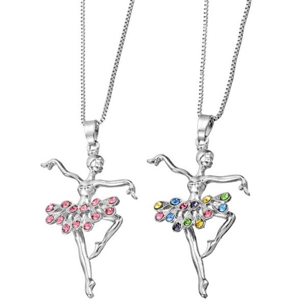 A pair of necklaces with two different colored ballerinas.