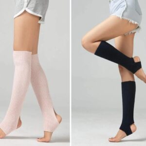Two women 's legs wearing leg warmers and one is pink