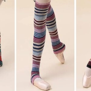 Three pairs of legs with different colored socks and shoes.