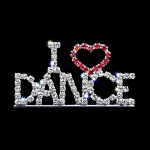 A word that says i love dance in rhinestones.