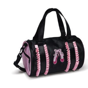 A black and pink bag with a bow on it