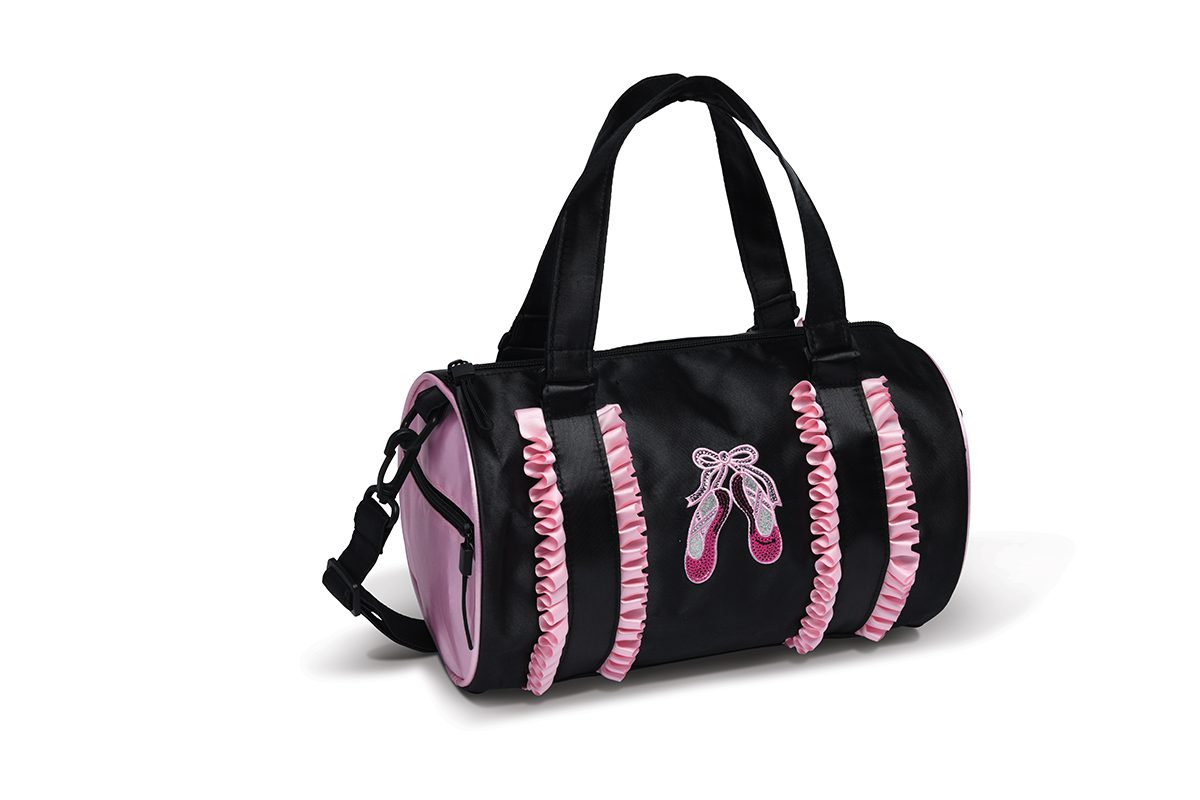A black and pink bag with a bow on it