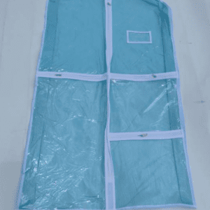 A blue garment bag with four pockets on the front.