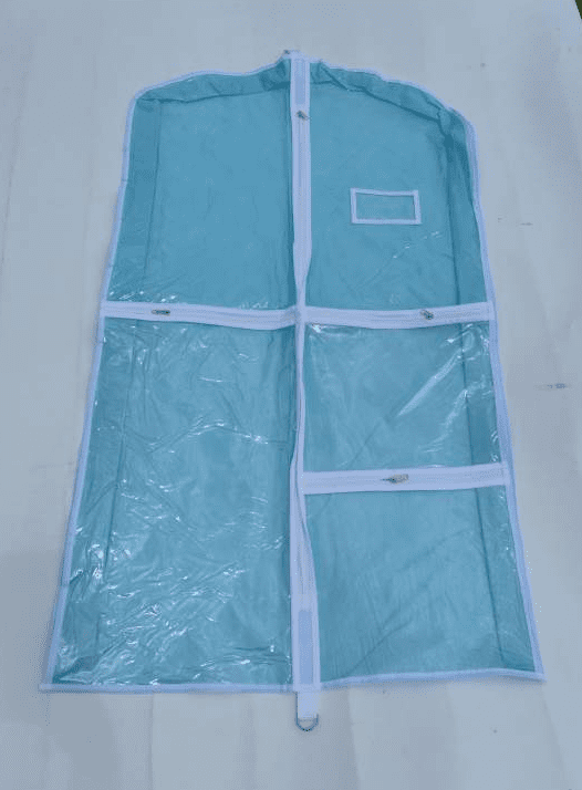 A blue garment bag with four pockets on the front.