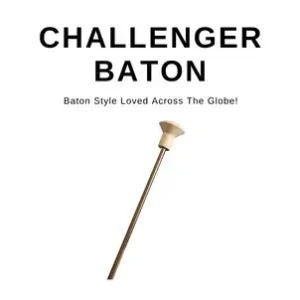 A white stick with a black handle and the words " challenger baton."