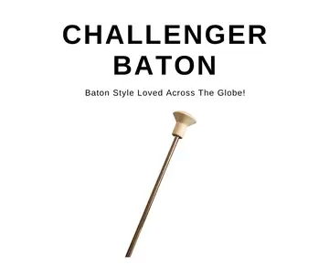 A white stick with a black handle and the words " challenger baton."