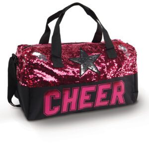 A red sequin bag with the word " cheer ".
