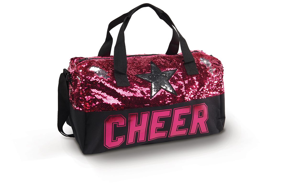 A red sequin bag with the word " cheer ".