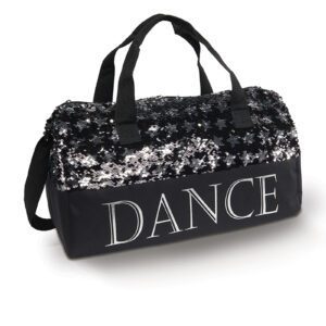 A black and white duffel bag with the word " dance ".