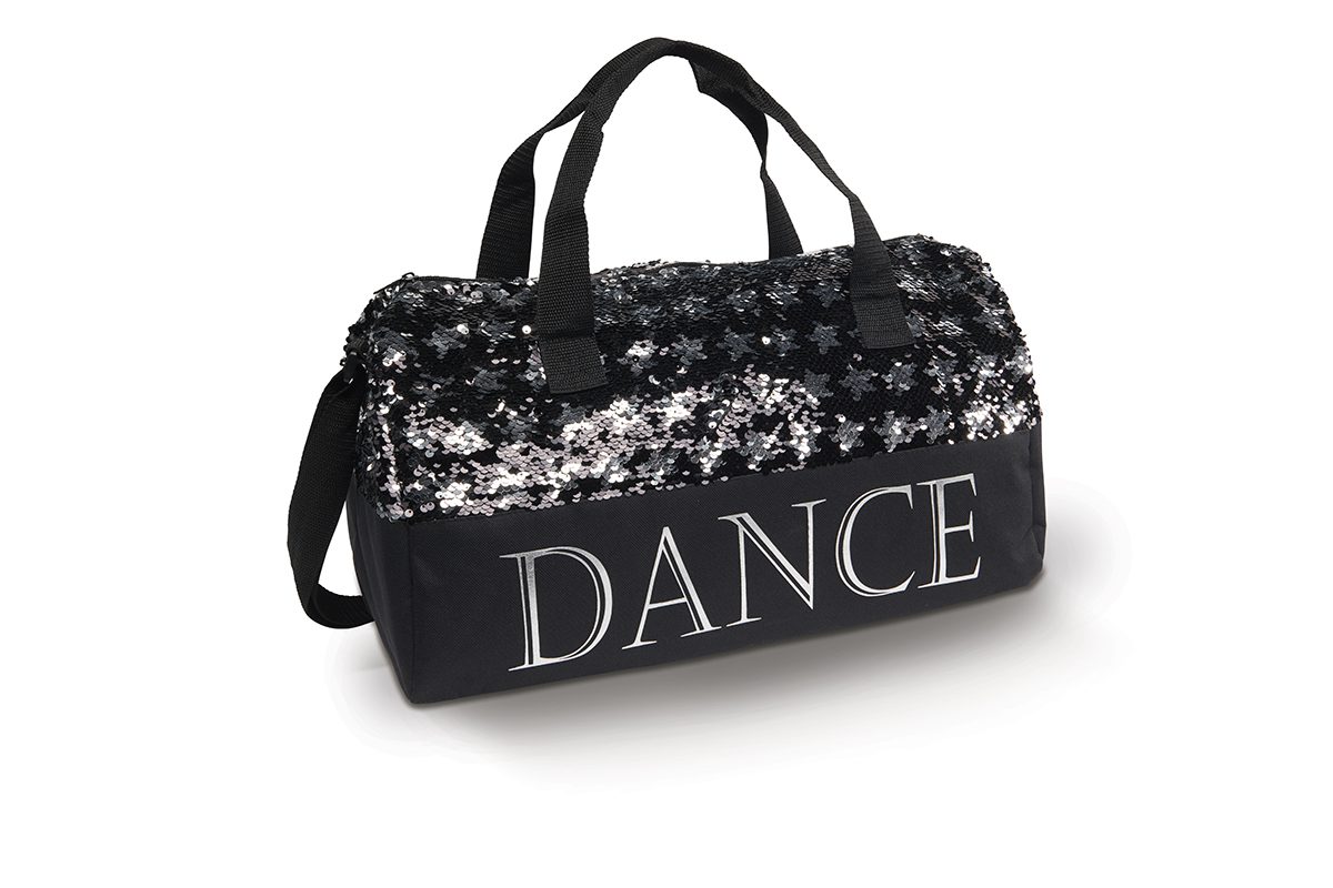 A black and white duffel bag with the word " dance ".