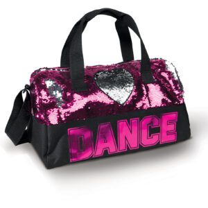 A pink and black bag with the word dance written on it.