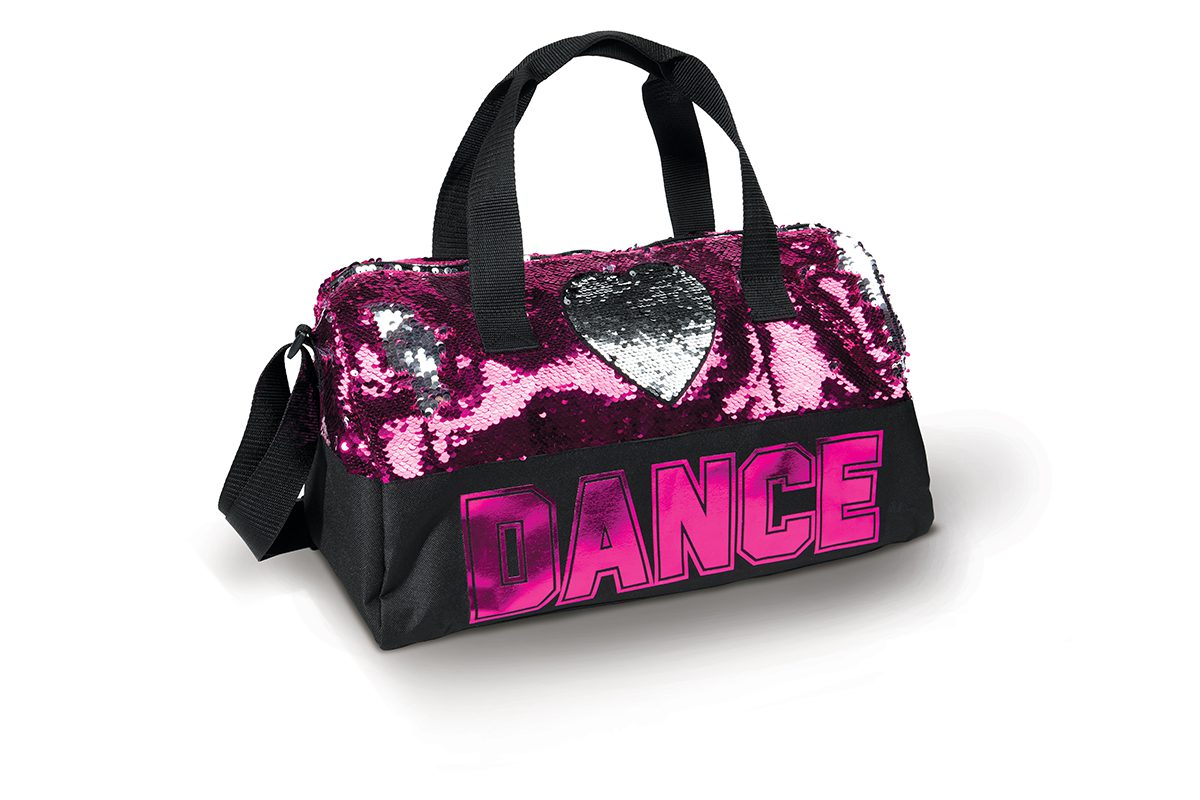 A pink and black bag with the word dance written on it.