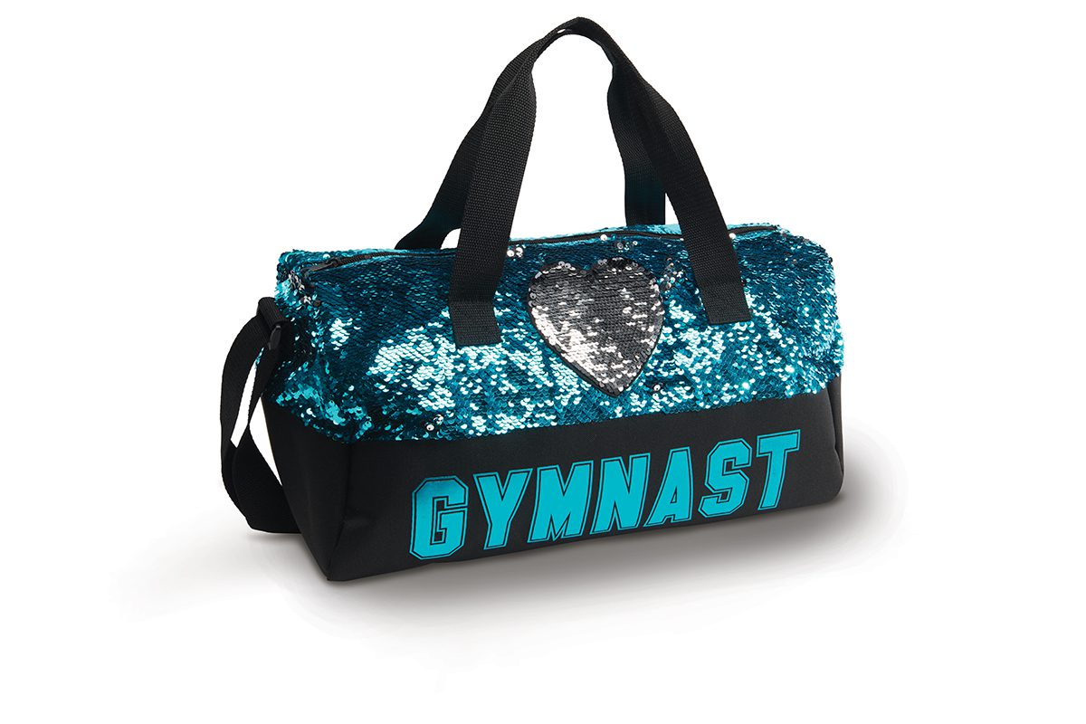 A blue and black bag with the word gymnast on it