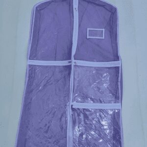 A purple suit bag with a white strip on it.