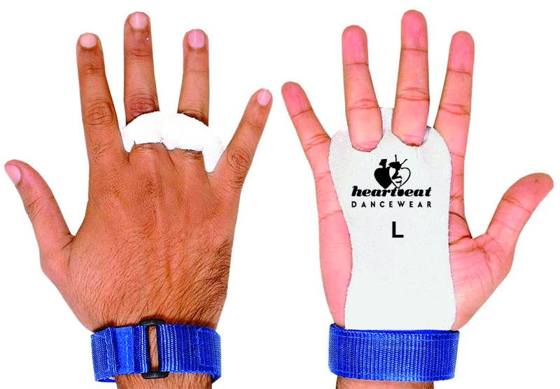 A person wearing blue and white gloves with one hand on their palm.