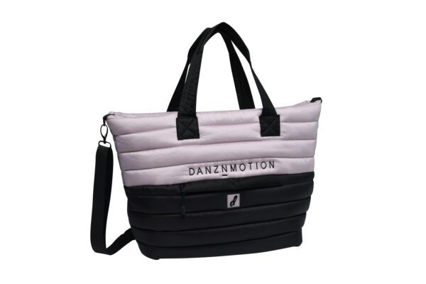 A black and white bag with a strap