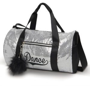 A silver and black duffel bag with the word " dance ".