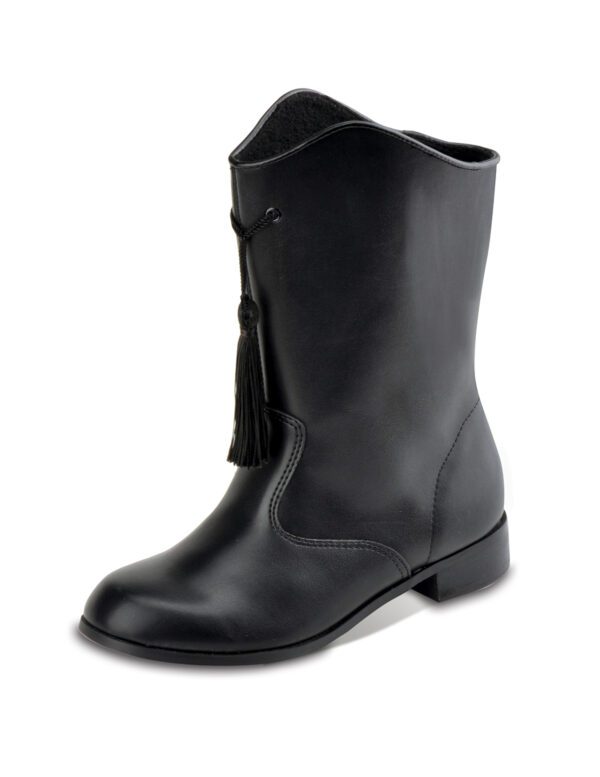 A black boot with tassels on the side of it.