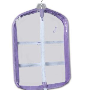 A purple garment bag hanging on the wall.