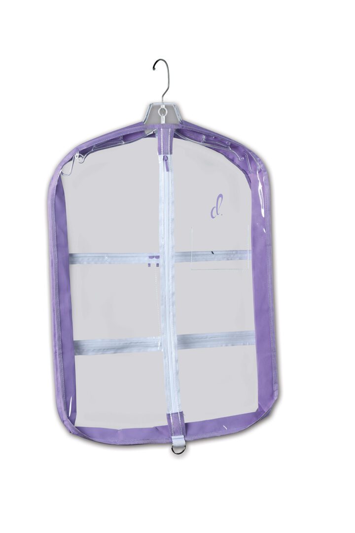 A purple garment bag hanging on the wall.