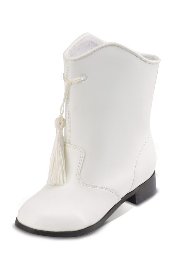 A white boot with tassels on the side of it.