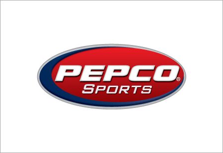 A red and blue logo for pepco sports.