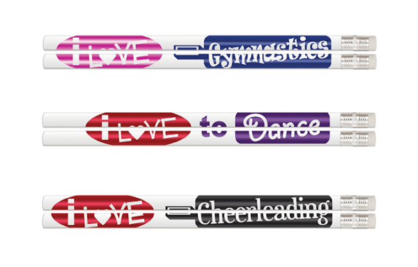 A set of four pencils with the words " i love gymnastics ".