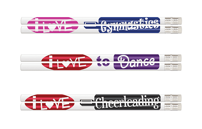A set of four pencils with the words " i love gymnastics ".