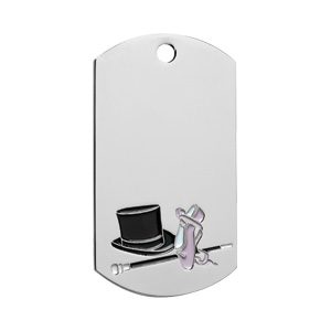 A dog tag with a drawing of a top hat and scissors.