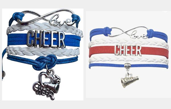 Two bracelets with a cheerleader charm and the word cheer on them.