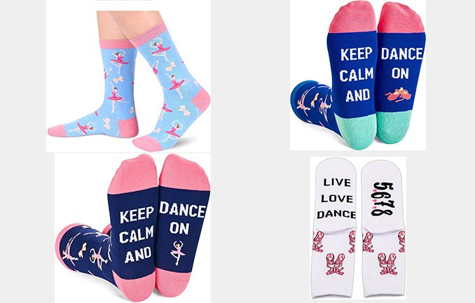 A variety of socks with different designs.
