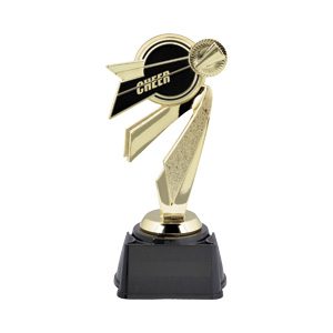 A gold trophy with black and white ribbon on top.