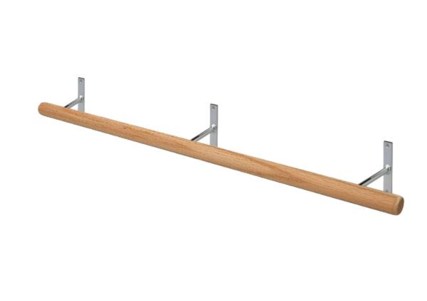 A wooden shelf with metal brackets on top of it.