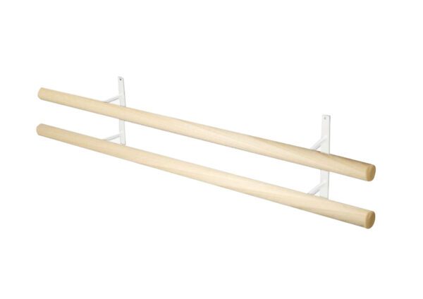 A pair of wooden poles with white metal brackets.