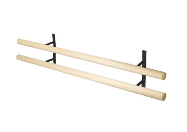 A pair of wooden poles with black metal brackets.