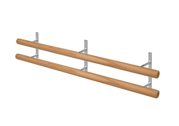 A pair of wooden gymnastics bars on top of each other.