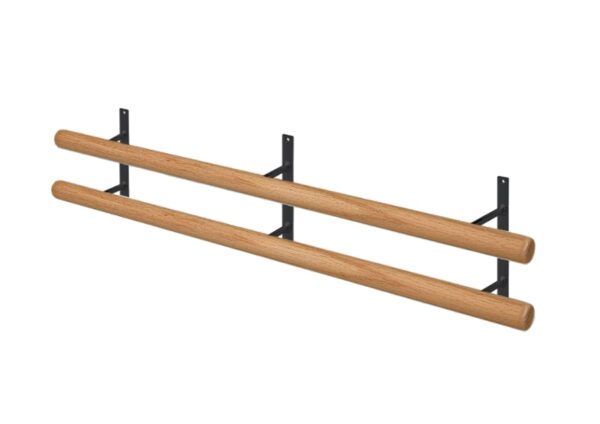 A wooden pole with metal support bars on top of it.