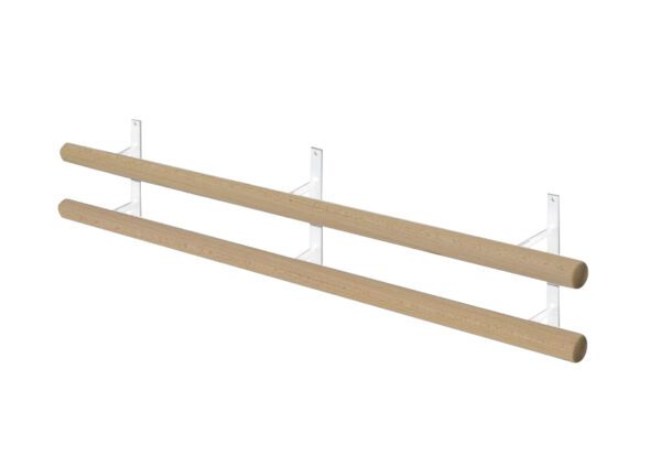 A shelf with two white poles and one brown pole.