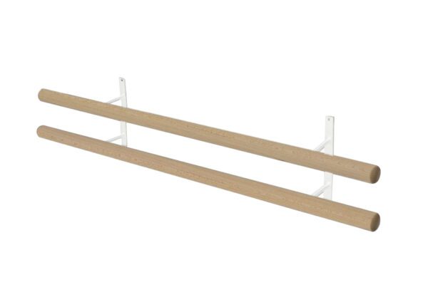 A pair of wooden shelves with white metal brackets.