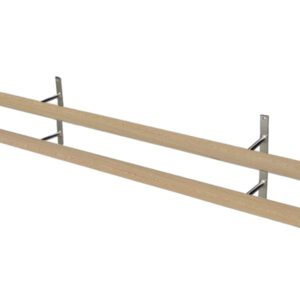 A pair of wooden shelves with metal brackets.