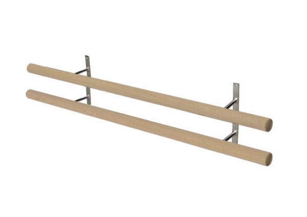 A pair of wooden shelves with metal brackets.