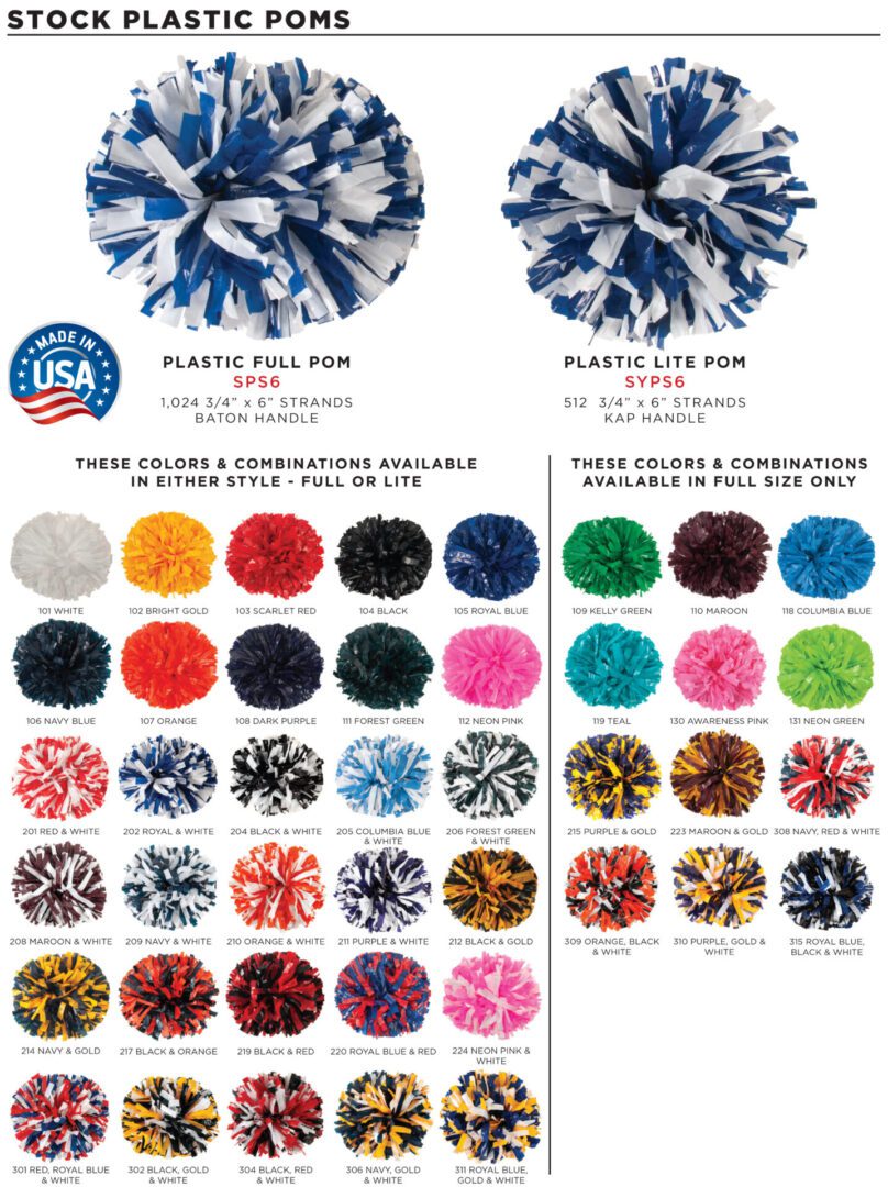 A variety of colors and styles for plastic pom poms.