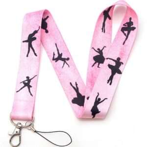 A pink lanyard with black dancers on it.