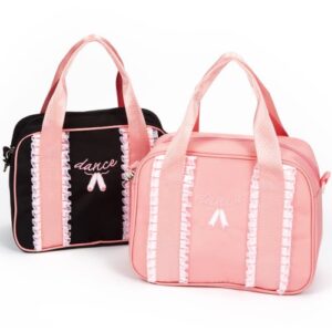 A pink and black bag with lace trim.