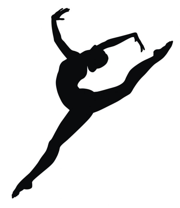 A dancer is in the air with her arms outstretched.