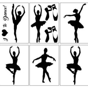 A set of six black and white silhouettes of ballerinas.