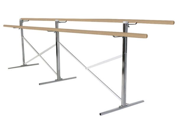 A metal and wood ballet barre on top of it.