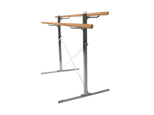 A pair of stands with wooden tops and metal legs.