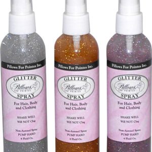 A set of three bottles with different colors of glitter.