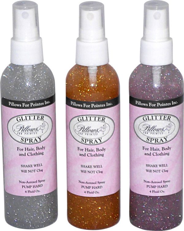 A set of three bottles with different colors of glitter.